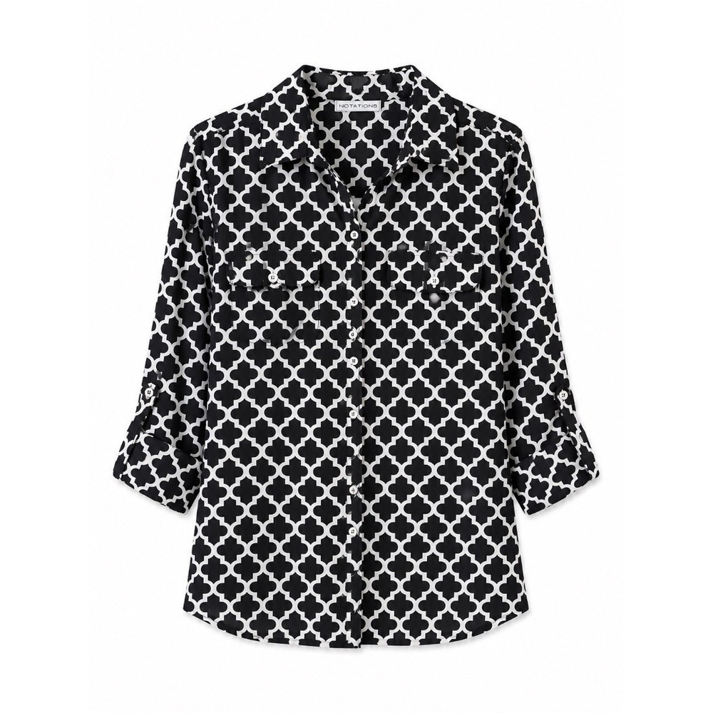 Notations Womens Blouse Black White Quatrefoil Print Button Down Shirt M